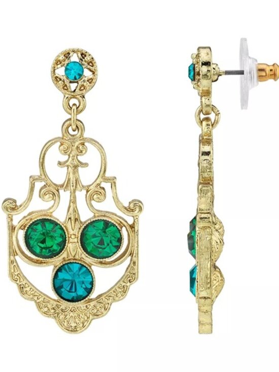 1928 Jewelry - 1928 JEWELRY Antiqued Gold Victorian Filigree Blue & Green Crystal Earrings**NEW